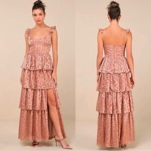Lulus Stunning Glory Dusty Pink Floral Jacquard Tiered Maxi Dress